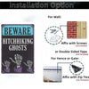 Installation options for a Beware Hitchhiking Ghosts sign, showing affixing with screws or double-sided tape.