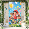 A colorful banner featuring children and balloons in a sunny outdoor setting.