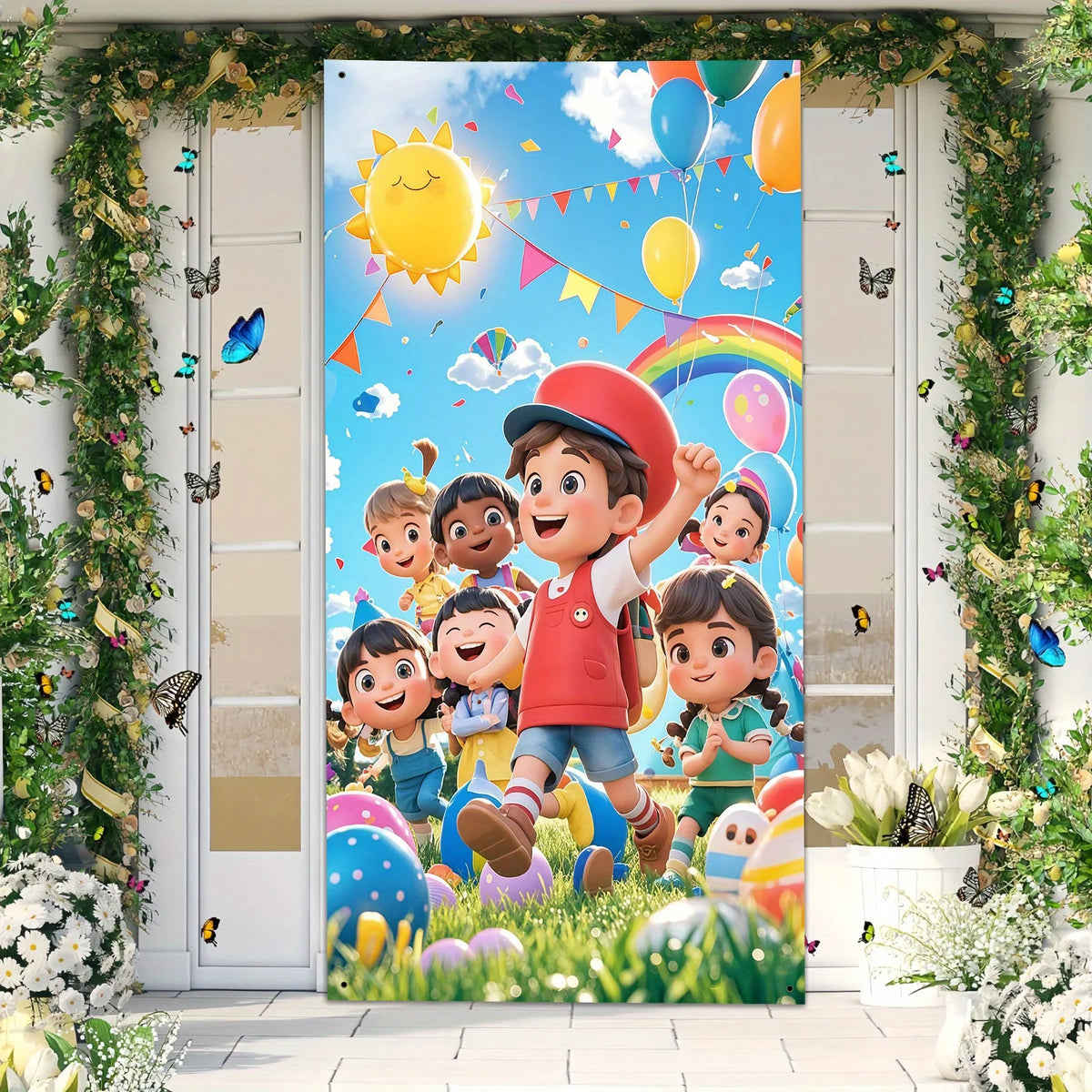A colorful banner featuring children and balloons in a sunny outdoor setting.