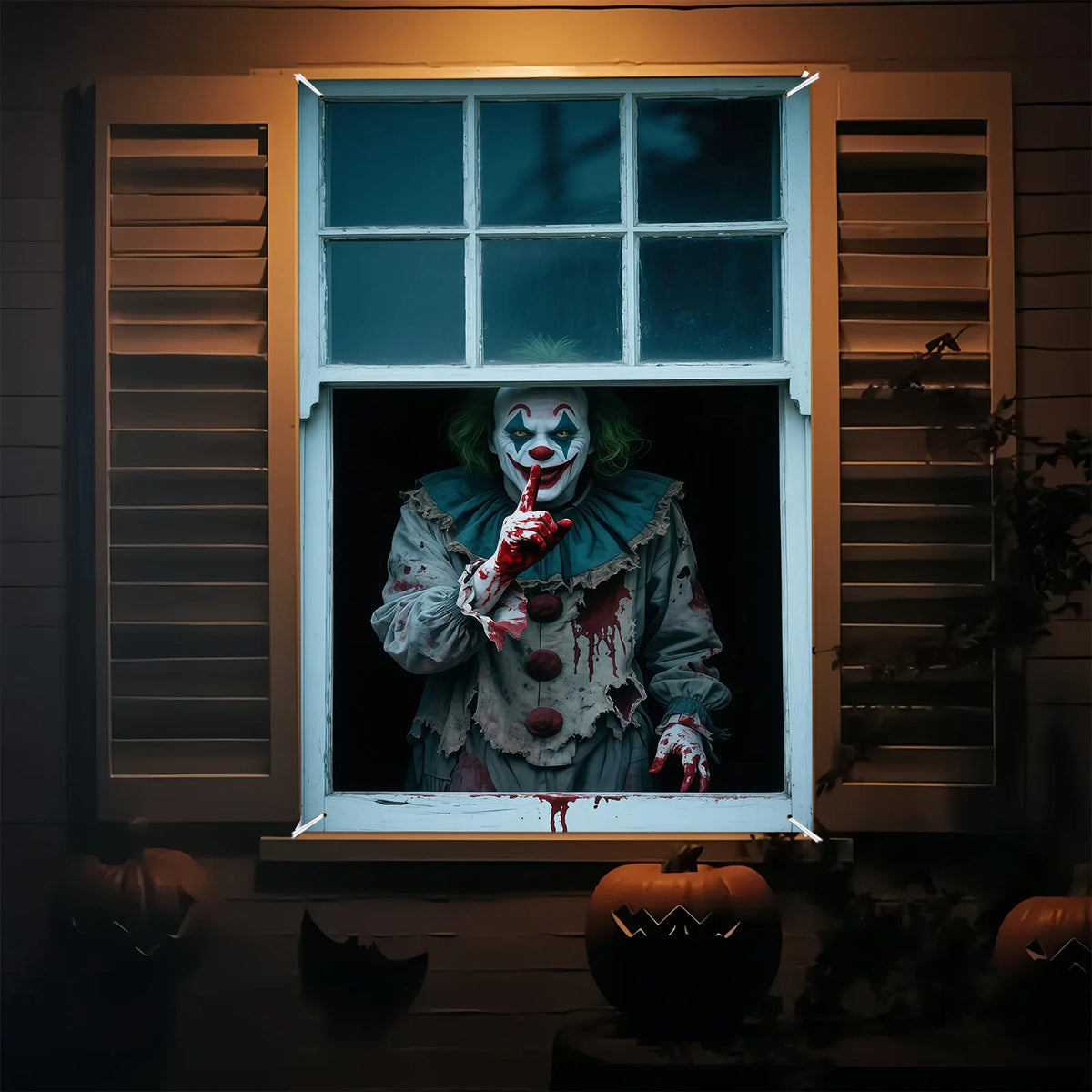 A horror carnival clown figure with white face paint and red blood dripping, displayed in a window setting.