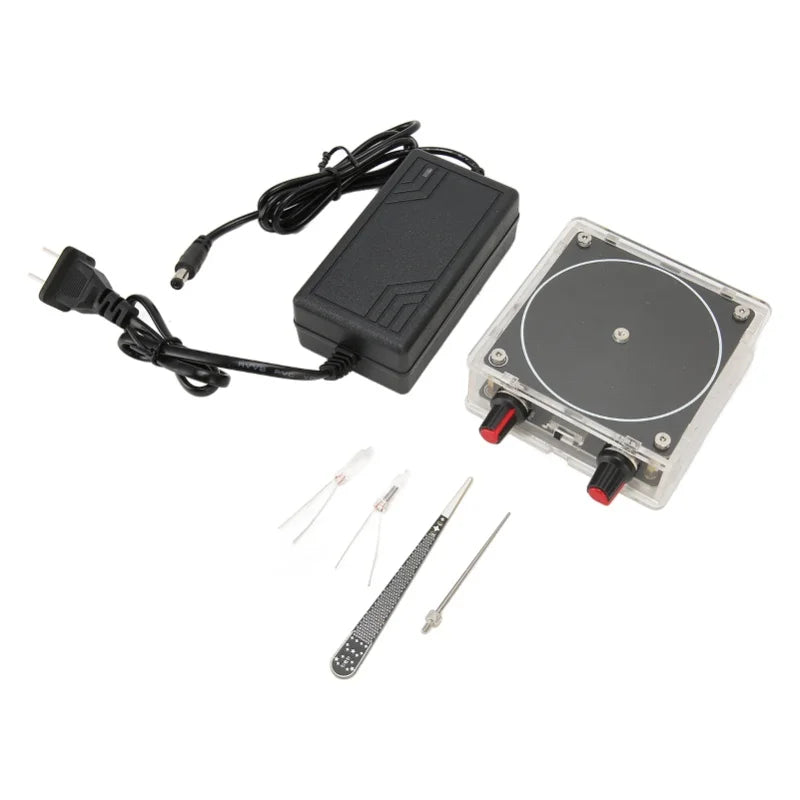 Black arc plasma music coil with power cord and mounting plate for educational experiments