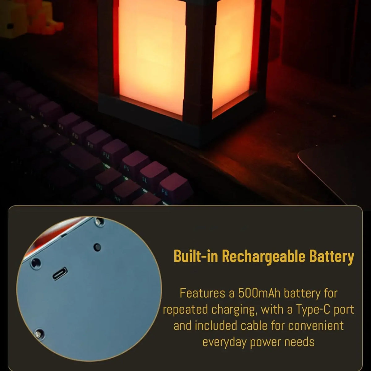 A close-up of a round, silver battery component for a pixel lantern night light with a Type-C port and cable.