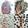 Hands display various natural raw healing crystal stones in shades of blue and gray.