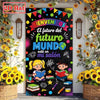 A colorful classroom door banner featuring a child reading a book and text welcoming students to the future world.