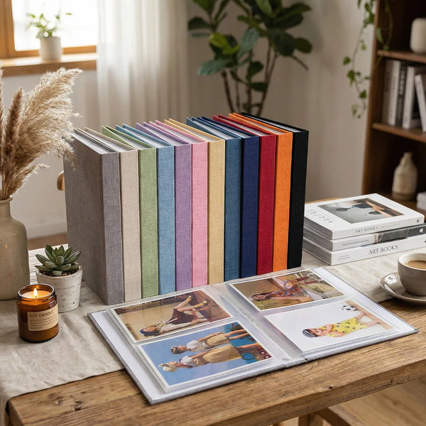 A linen photo album with colorful spines and open pages displaying memories on a wooden table.