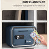 A blue safe box coin slot is shown with coins being easily placed in and taken out.
