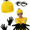 A yellow Halloween costume set featuring a knit hat, black gloves, and silver-rimmed glasses with a strap.