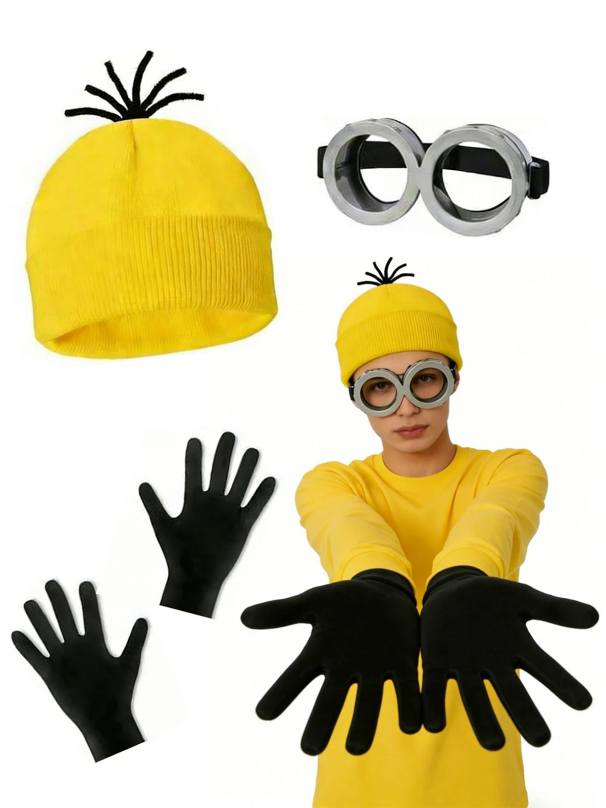 A yellow Halloween costume set featuring a knit hat, black gloves, and silver-rimmed glasses with a strap.