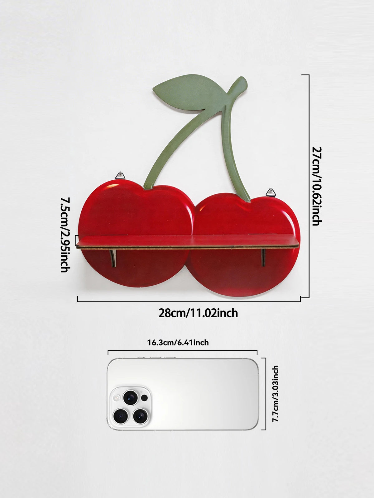 A wooden cherry-shaped wall shelf with a green leaf, featuring a red fruit design.