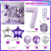 A set of purple and silver balloons, including a large number balloon, star balloons, and ribbon.