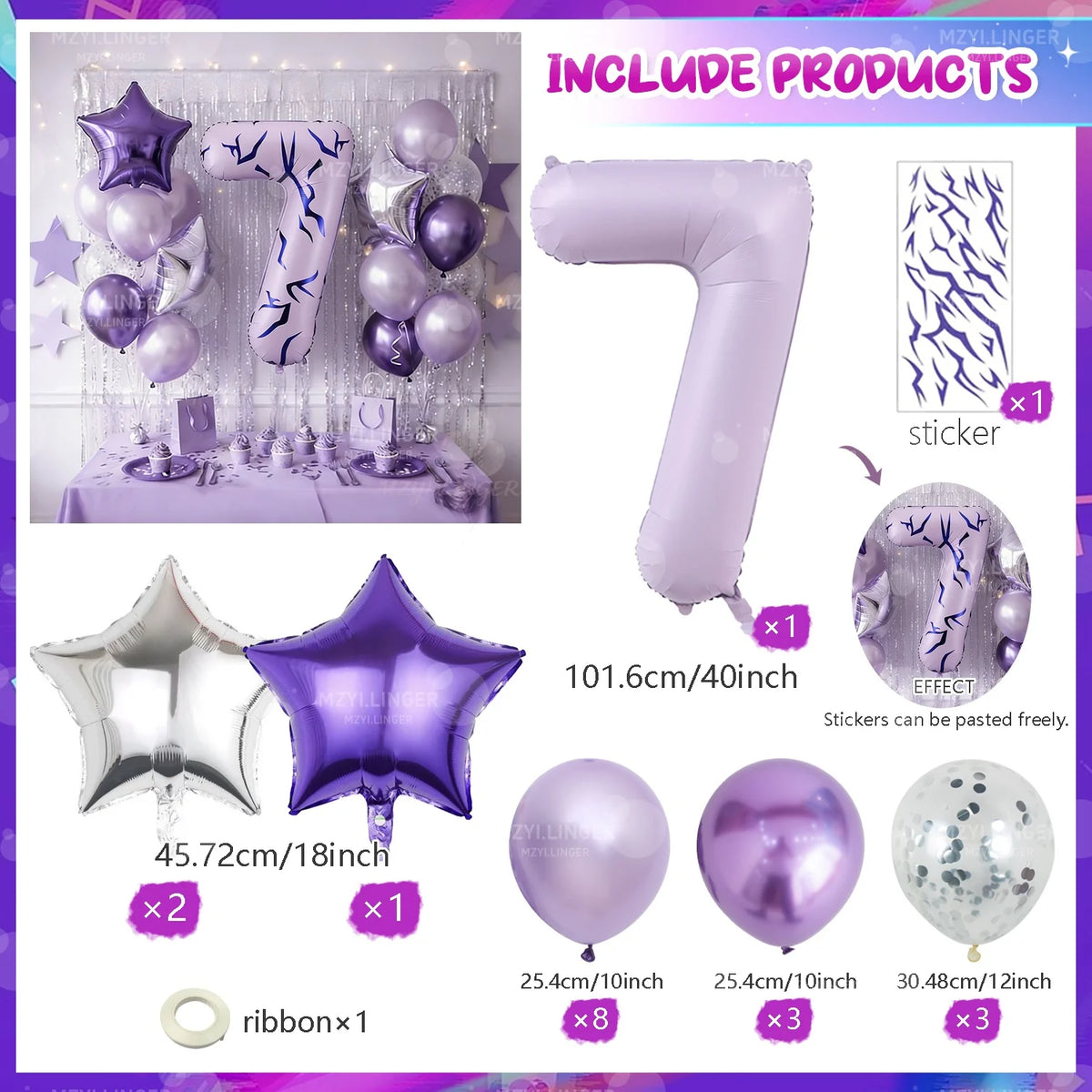 A set of purple and silver balloons, including a large number balloon, star balloons, and ribbon.
