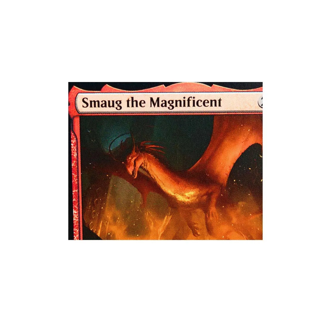 A fantasy art collectible trading card featuring a depiction of Smaug the Magnificent.