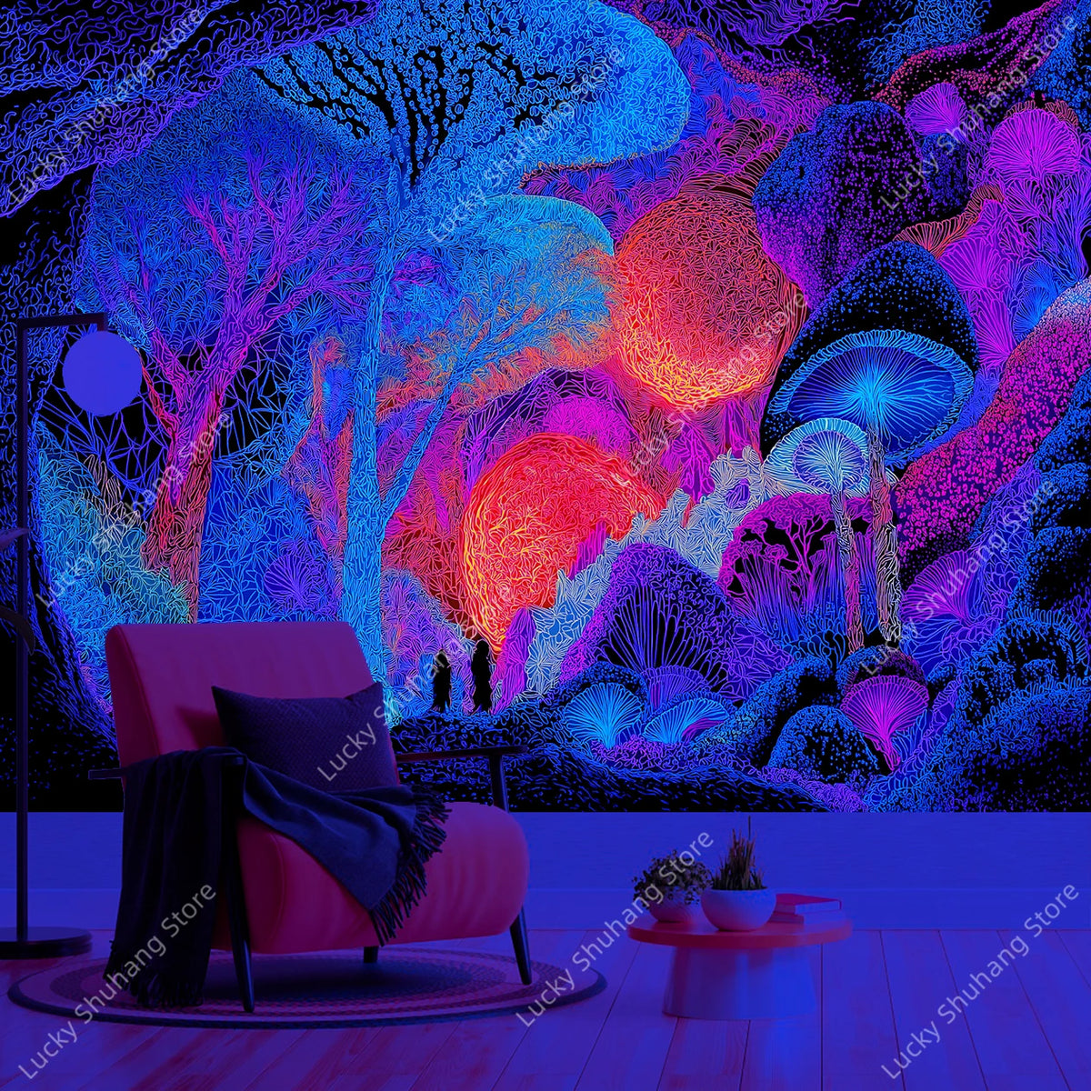 A vibrant psychedelic tapestry featuring glowing geometric patterns in shades of blue, purple, and pink against a dark backgr