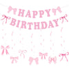 Pink bow themed birthday party supplies set featuring pink banner and hanging bows