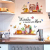 A kitchen display featuring floral wall stickers of bees and butterflies on a wooden shelf.