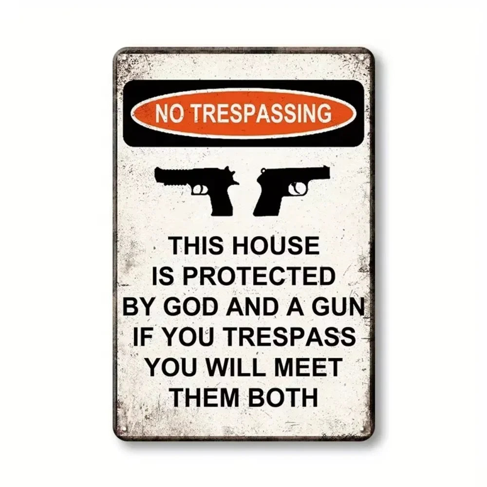 A vintage warning sign with a black and orange design stating NO TRESPASSING and a threat about trespassing.