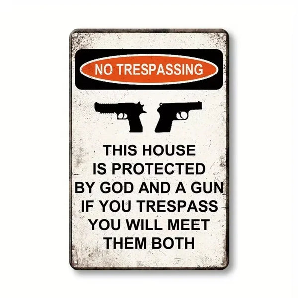 A vintage warning sign with a black and orange design stating NO TRESPASSING and a threat about trespassing.