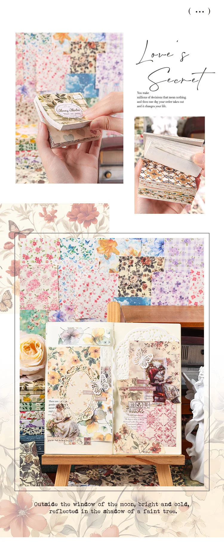 A vintage paper pack featuring floral and nature designs for junk journals and scrapbooking.