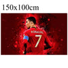 A red soccer player wearing a jersey with the number 7 is featured against a blurred red background.