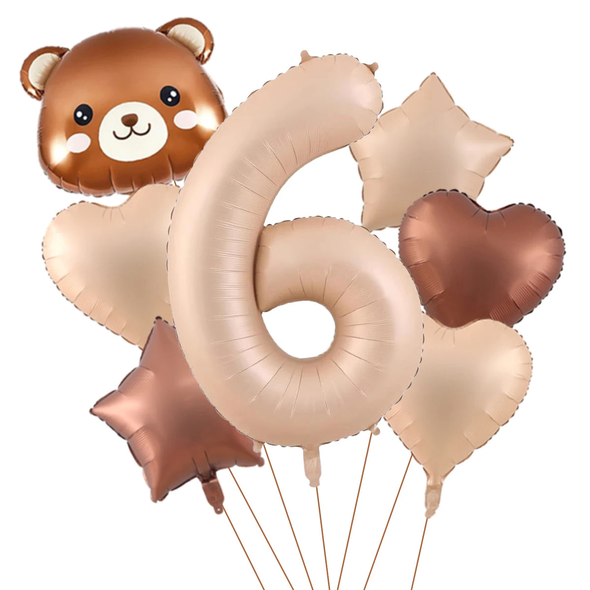 A set of foil balloons shaped like a bear and the number six in caramel and beige colors.