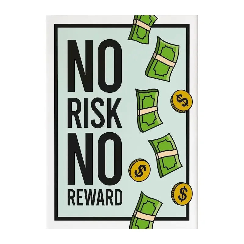 Impresión en lienzo con el texto NO RISK NO REWARD en fuente negra, rodeado de billetes verdes.