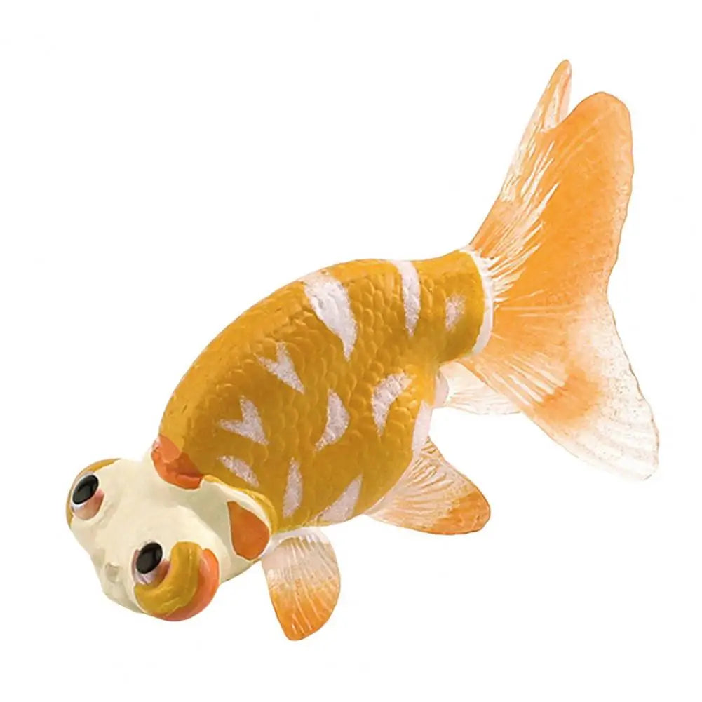 A realistic goldfish aquarium decor figurine with orange and white striped body and fins.