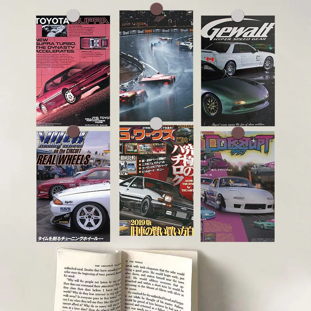 A collage of four posters featuring various Japanese racing cars and automotive themes.