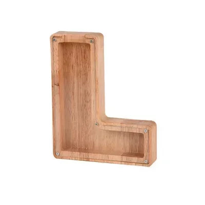 A wooden alphabet piggy bank coin box for kids with a light natural wood finish.