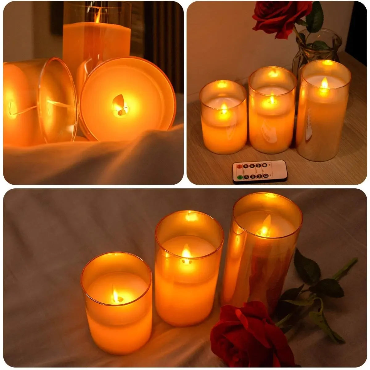 A collection of glowing orange LED flickering glass pillar candles arranged on a surface with red roses.