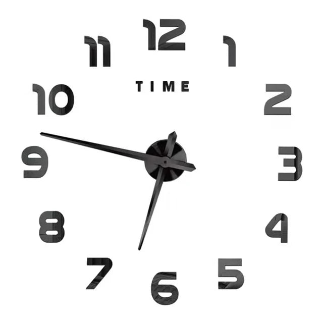 A black and silver giant acrylic wall clock showing the time as 12 o'clock.