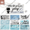 A set of rustic wooden signs with humorous phrases about using the toilet and washing hands