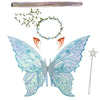 Sparkling fairy wings costume set featuring iridescent blue wings, a wand, and a floral crown.