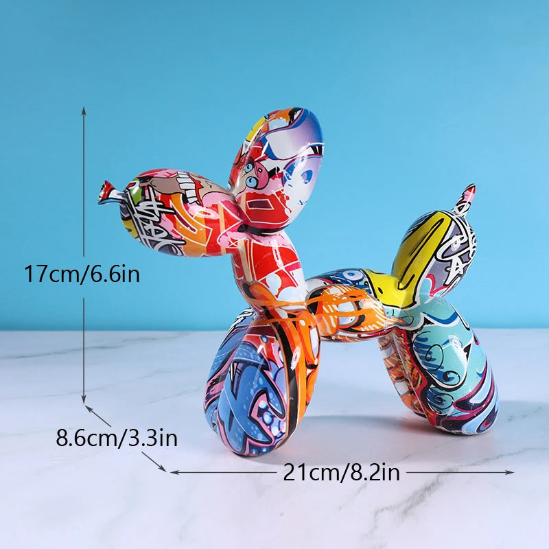 A colorful resin balloon dog sculpture with abstract designs displayed against a blue background.
