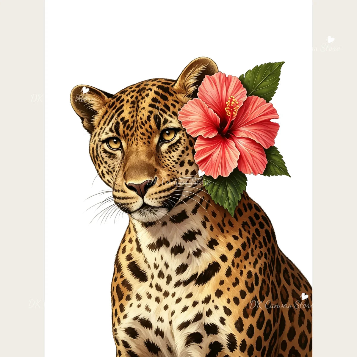 A close-up portrait of a leopard head with a large pink hibiscus flower blooming beside it.