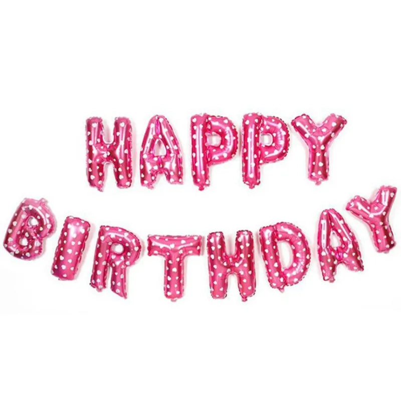 A set of pink and blue letter foil balloons spelling out Happy Birthday
