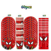 A set of 60 pieces of red and black Spider-Man themed party tableware including plates, cups, and napkins.