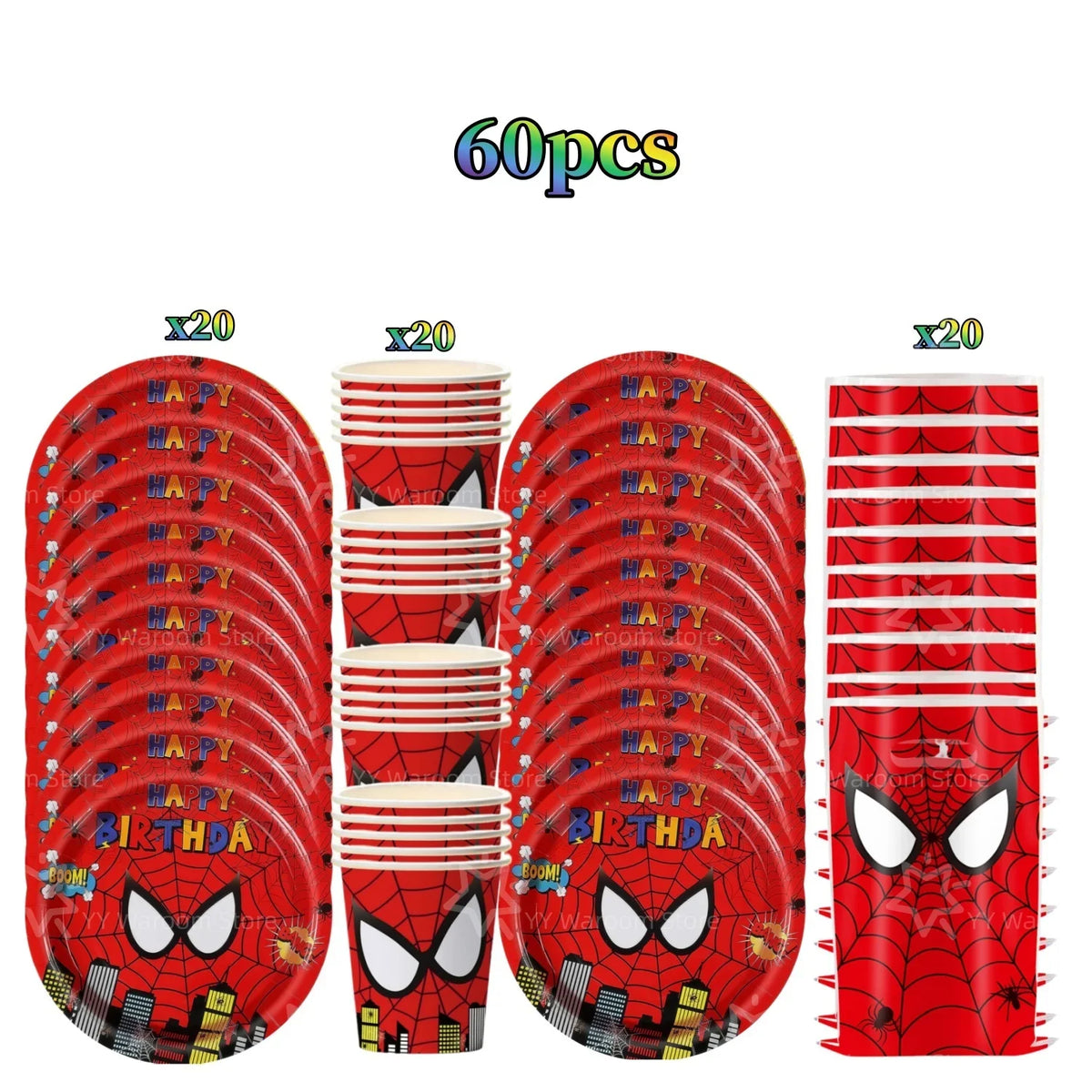 A set of 60 pieces of red and black Spider-Man themed party tableware including plates, cups, and napkins.