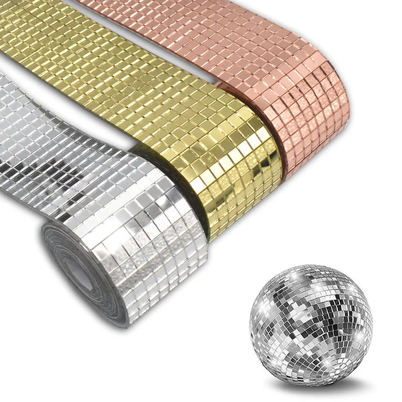 Three rolls of 3D mirror mosaic wall tiles in gold, rose gold, and silver finish