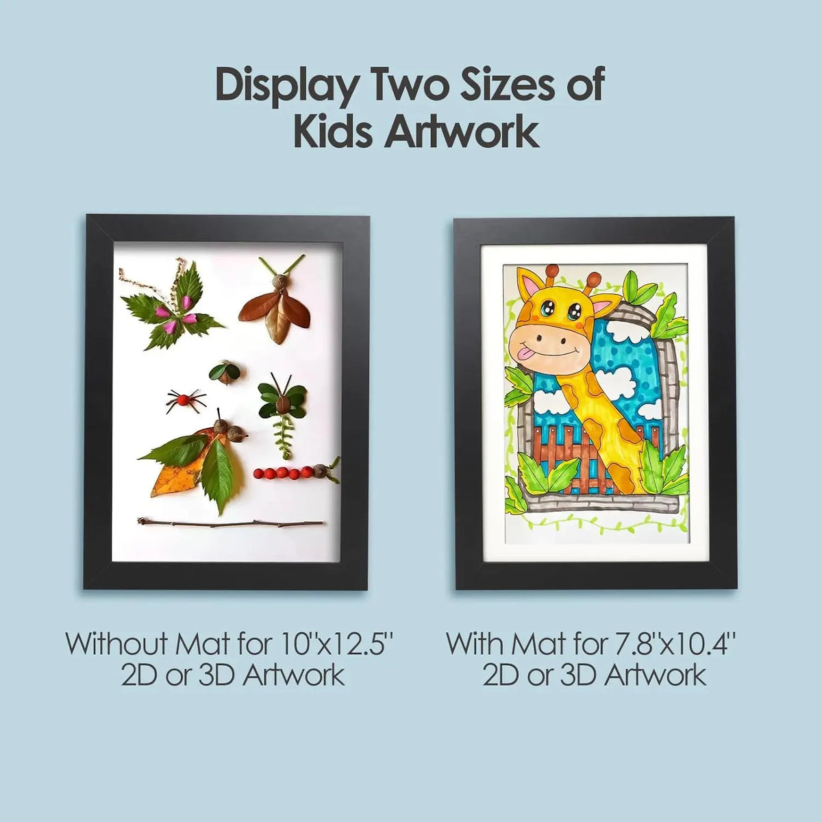 Two sizes of magnetic front-open kids artwork displayed in black frames.