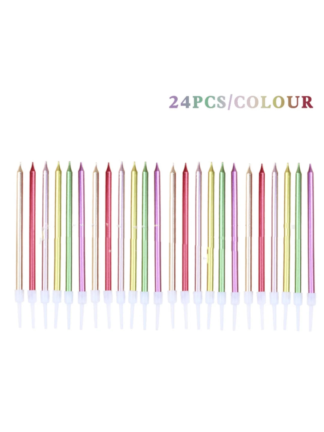 A set of 24 colorful birthday candles in various shades and colors.