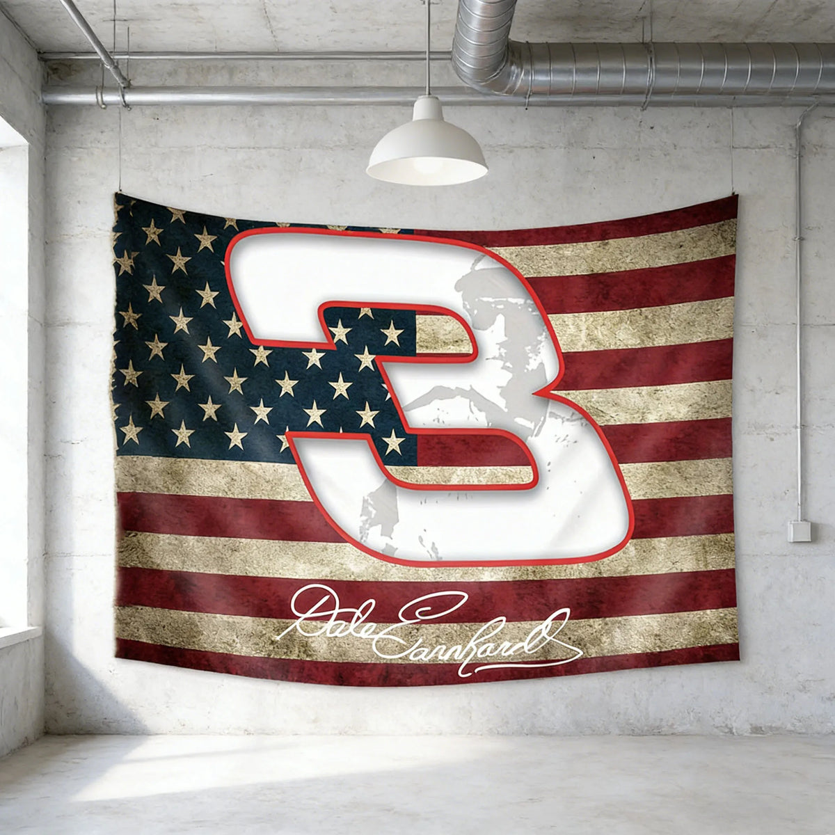 A large banner featuring the American flag design with the number 3 in white and red on a rustic fabric background.