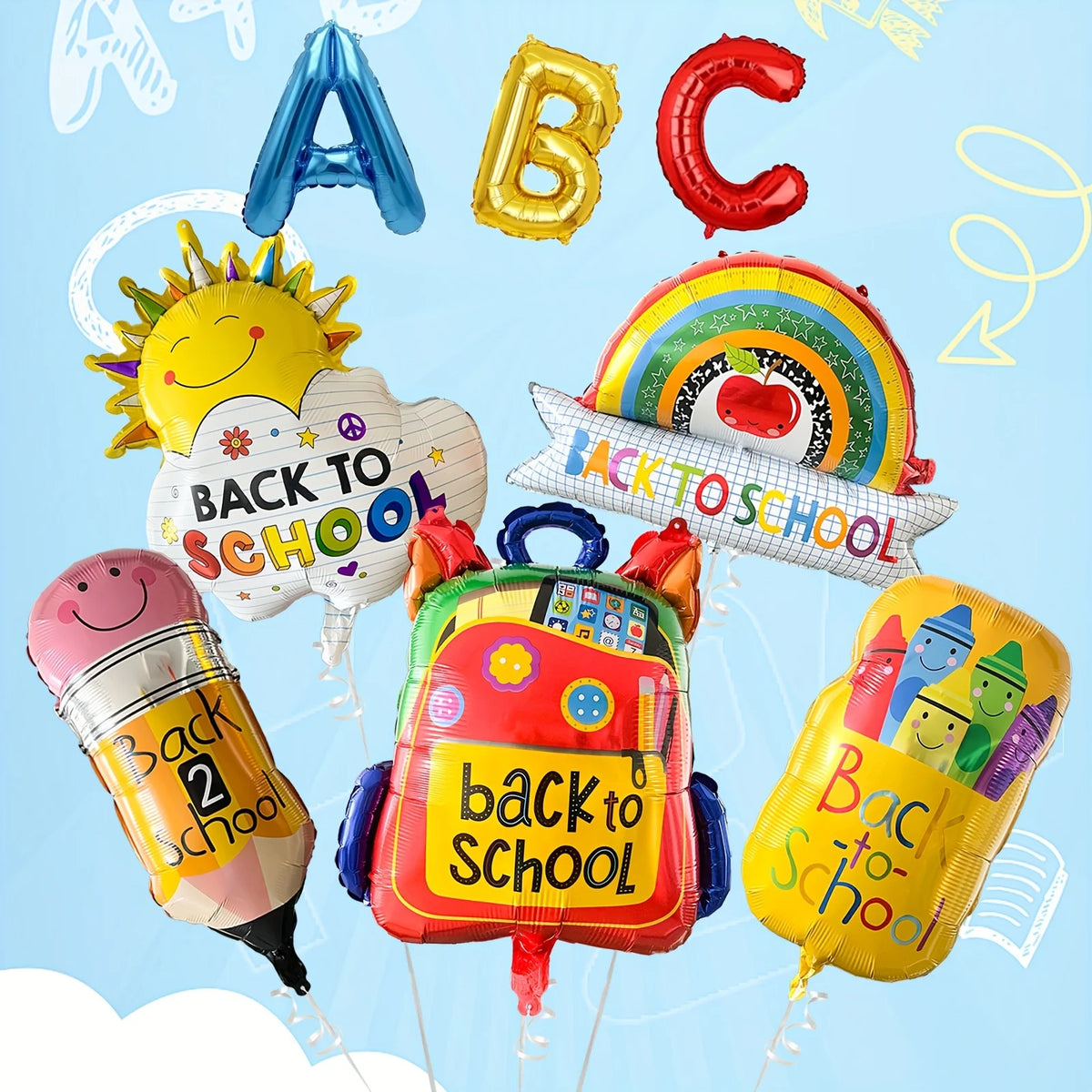 A set of colorful foil decorations including letters, a rainbow, and a backpack for a back to school theme.