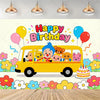 A colorful illustration of a yellow school bus decorated for a happy birthday party with balloons and flowers.