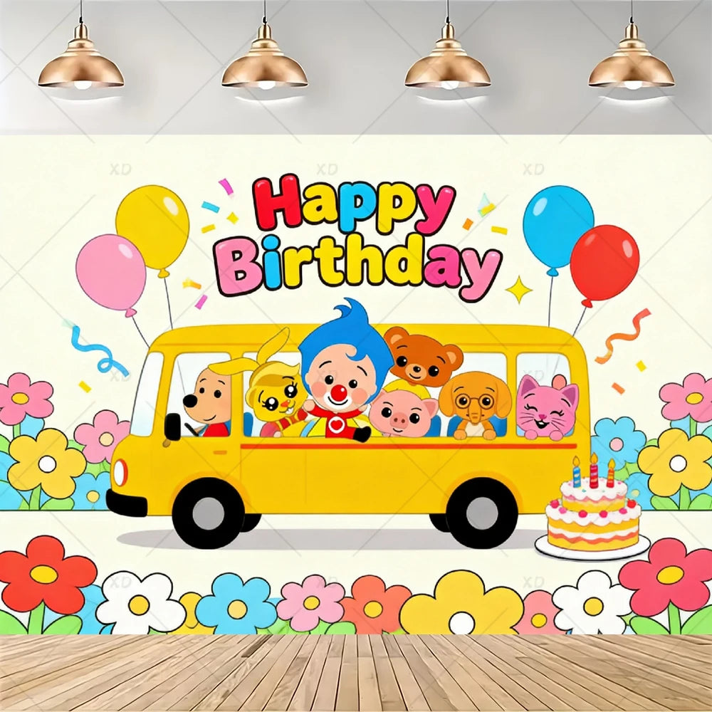 A colorful illustration of a yellow school bus decorated for a happy birthday party with balloons and flowers.