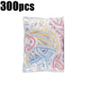 A pile of 300 disposable elastic bowl covers with food wrap in various colors like red, yellow, and blue.