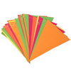 A fan of colorful triangular banners in neon orange, green, and pink shades.