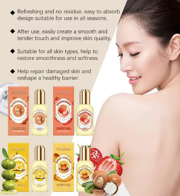 A collection of nourishing body massage oils in glass bottles with labels and fresh fruit ingredients.