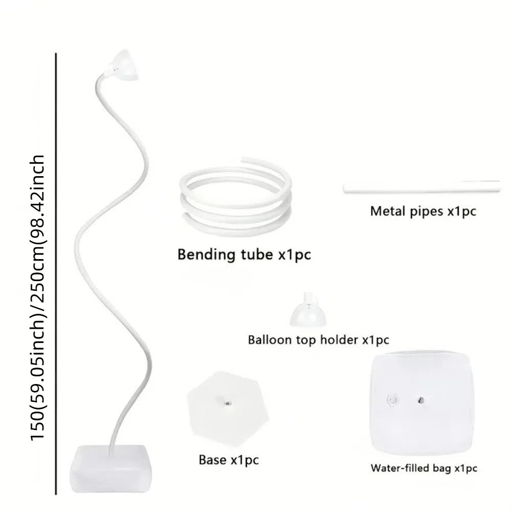 Adjustable balloon arch kit including a bending tube, base, and water-filled bag for events