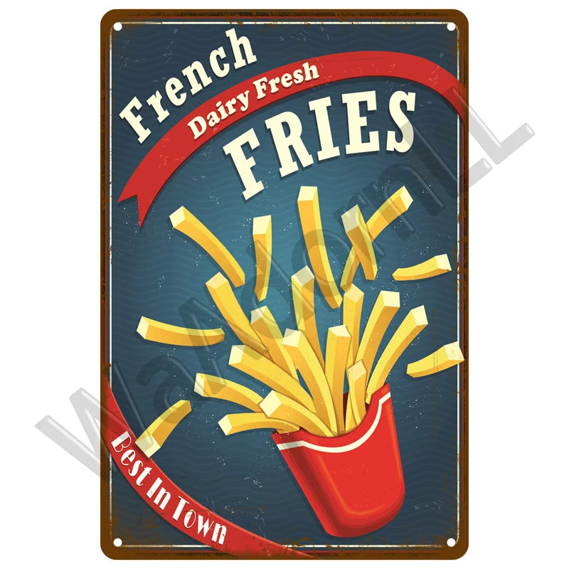 A vintage-style sign featuring French Dairy Fresh Fries spilling out of a red container on a dark blue background.