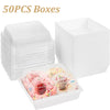 A stack of 50 clear lidded paper sandwich boxes for desserts, packaged in a white box.